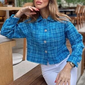 Zara Women's Plaid Tweed Cropped Long Sleeve Button Down Blazer Top Blue Size L.
